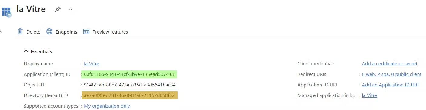 Azure portal - Essentials view of the la Vitre application with Application (client) ID highlighted in green and Directory (tenant) ID highlighted in orange