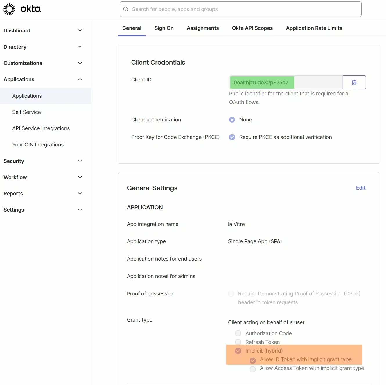 Okta portal - la Vitre application configuration with Client ID highlighted in green and Implicit (hybrid) grant type checked in orange