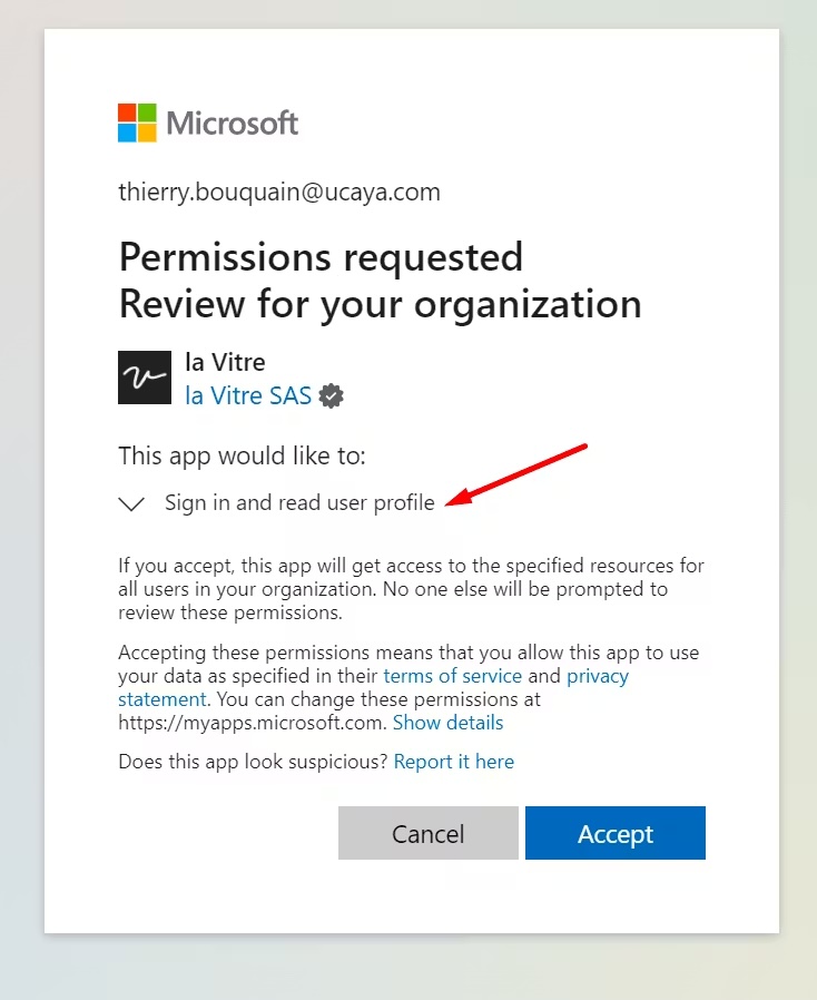 Microsoft consent page - la Vitre requests Sign in and read user profile
